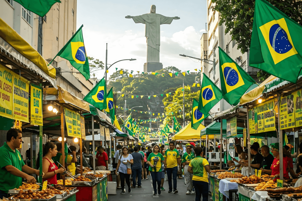 Pratos típicos como feijoada e pão de queijo, cores verde e amarelo da bandeira, e o Cristo Redentor ao fundo. Culinária do Brasil, prato típico brasileiro, manjar brasileiro.