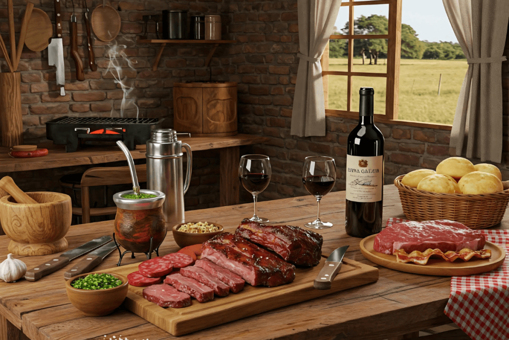 Uma churrasqueira com carnes, pães, vinho e chimarrão em mesa rústica. Culinária do Brasil, com prato típico brasileiro, iguaria brasileira pronta para consumo, comida tradicional do Brasil.
