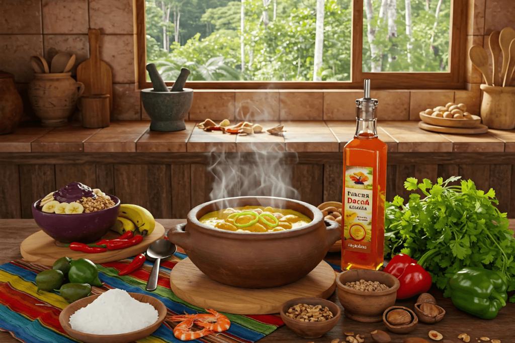 cozinha brasileira, com ingredientes tradicionais como camarão, frutas tropicais, farinha, pimenta, e óleo de dendê. Prato típico brasileiro cozinhando em panela de barro. Culinária do Brasil, comida tradicional do Brasil, manjar brasileiro.