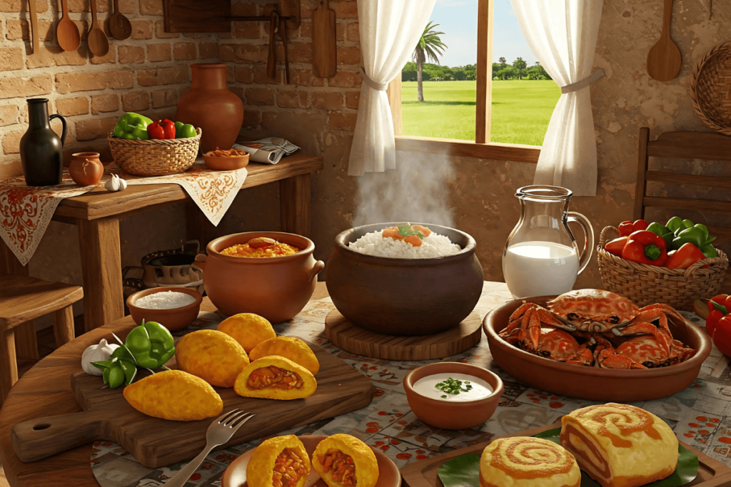 Cozinha rústica brasileira com pratos típicos como acarajé, pães, arroz e caranguejo. Culinária do Brasil em ambiente tradicional, iguaria brasileira pronta para servir, comida tradicional do Brasil.
