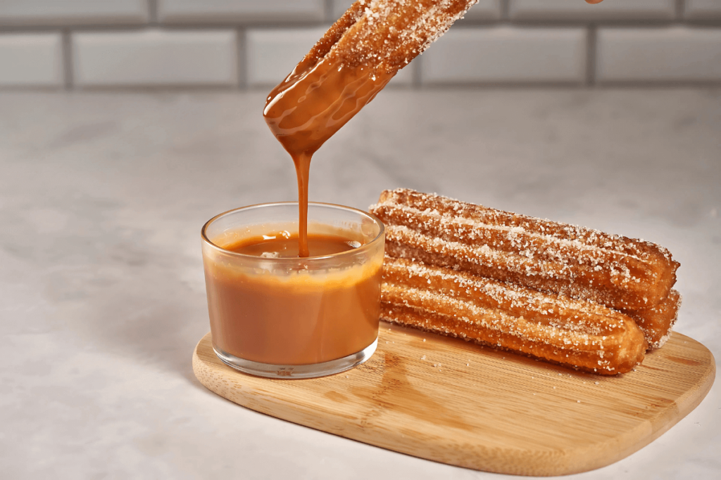Mergulhando Churro em Doce de Leite. Tábua de Madeira com Churros.
Desvende a história do churro.