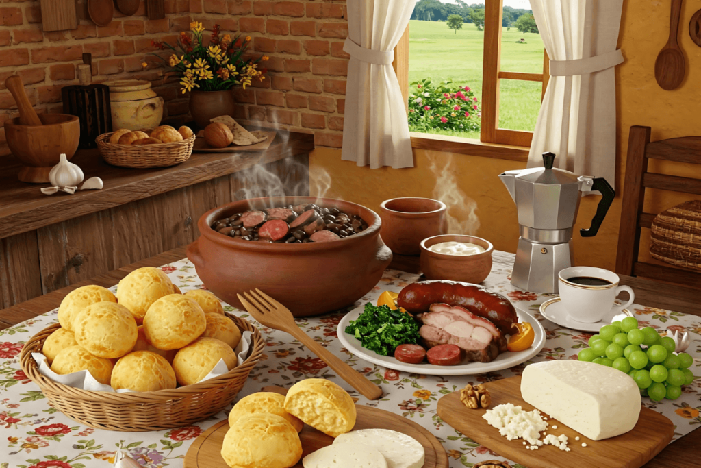Uma mesa com pratos típicos da cozinha brasileira, como feijoada, pão de queijo, queijo e linguiça. Refeição tradicional da culinária do Brasil, iguaria brasileira para compartilhar, comida típica do Brasil.