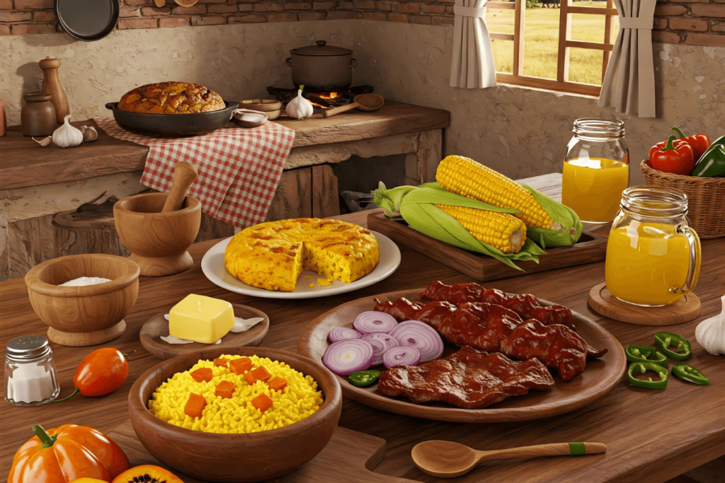 Uma mesa com pratos e ingredientes da cozinha brasileira, como bolo de milho, carne assada, arroz, milho, e sucos. Refeição completa da culinária do Brasil, iguaria brasileira pronta para degustação, comida tradicional do Brasil.