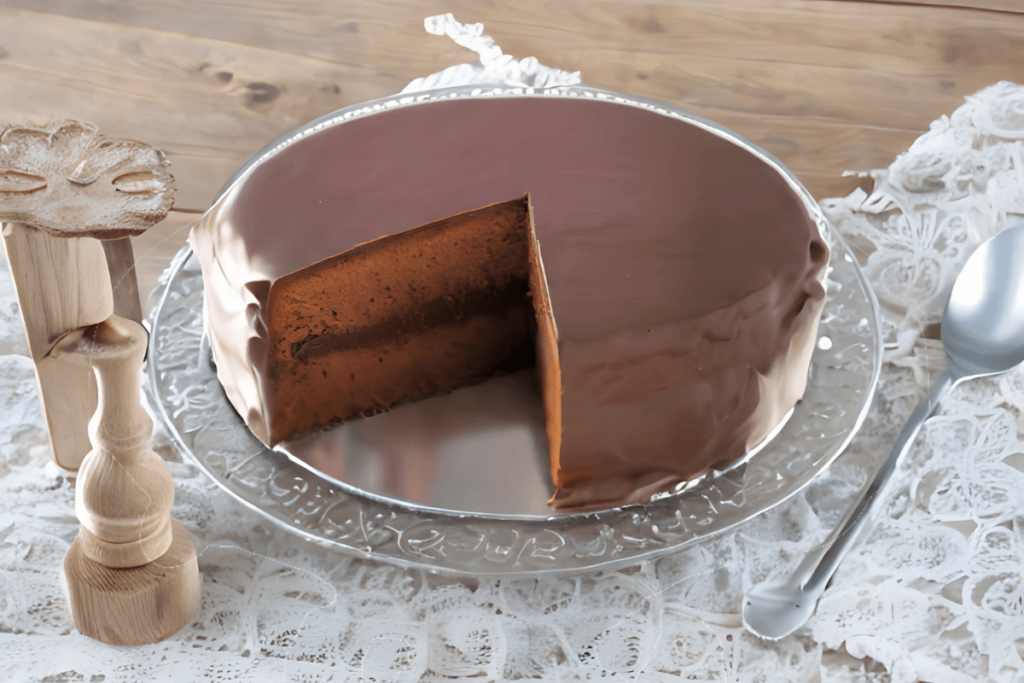 Bolo de chocolate redondo com cobertura brilhante, fatia triangular removida, servido em prato de prata com detalhes e acompanhado de colher, mostrando a elegância de um doce brasileiro com história inspirado na palha italiana.