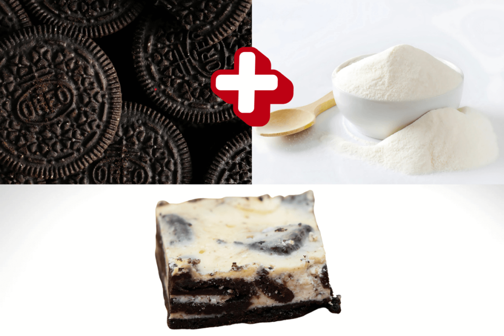 Mostrando ingredientes da palha italiana: biscoitos Oreo inteiros, leite Ninho em pó e um pedaço da palha italiana pronta. Irresistível e cremosa, perfeita para os amantes de doces.