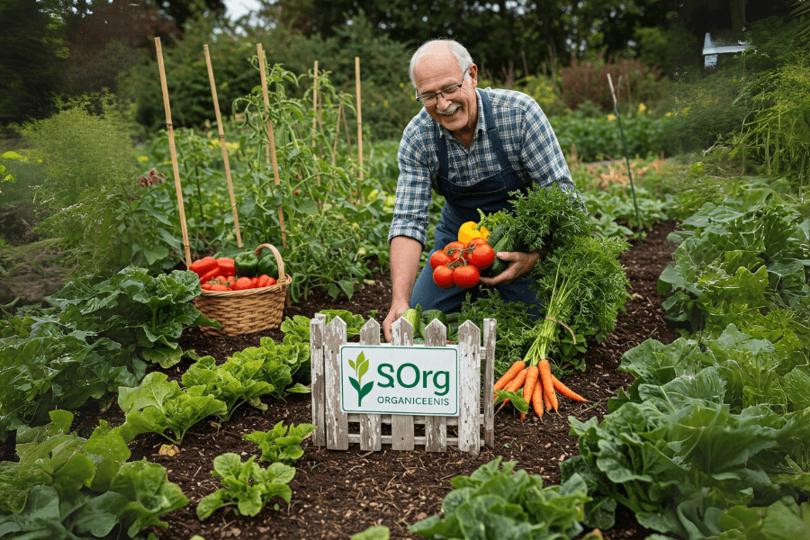 Fotografia realista de um agricultor sorridente colhendo vegetais frescos e coloridos em uma horta orgânica no Brasil, com uma placa da certificadora SisOrg em destaque, representando a importância da agricultura orgânica certificada para a alimentação sustentável e a saúde no Brasil.