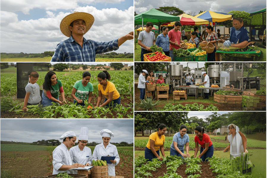 Montagem de fotos realistas mostrando diversos atores da alimentação sustentável no Brasil, incluindo agricultor familiar observando a plantação, consumidores em feira orgânica, pesquisadoras analisando alimentos, chefs de cozinha avaliando ingredientes frescos, representando a colaboração em prol de um sistema alimentar mais sustentável e justo no Brasil.