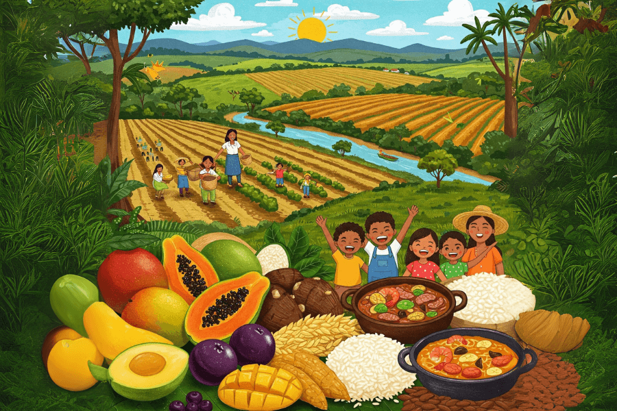 Ilustração vibrante de alimentação sustentável Brasil com frutas, verduras e grãos em paisagens diversas como floresta, campos orgânicos e rio, representando a riqueza natural e a produção consciente de alimentos no Brasil.