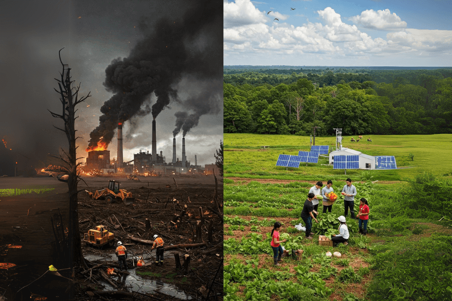 Imagem realista dividida mostrando à esquerda os impactos negativos da produção convencional no Brasil, como desmatamento e poluição, e à direita os benefícios da alimentação sustentável, com floresta preservada, produção limpa e pessoas saudáveis.