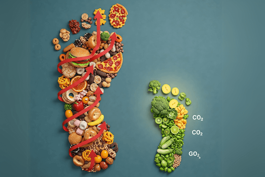 Imagem realista conceitual mostrando uma pegada feita de diversos alimentos com setas representando emissões de gases de efeito estufa, comparada a uma pegada menor feita de alimentos sustentáveis com menos emissões no contexto da alimentação sustentável no Brasil.