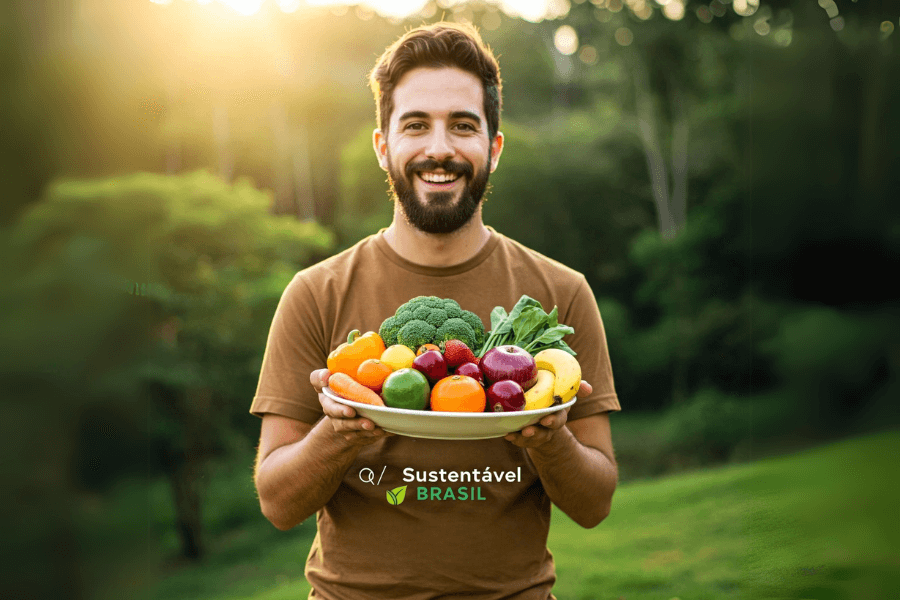 Imagem de capa para um post sobre alimentação sustentável no Brasil, mostrando um homem sorridente segurando uma tigela com diversas frutas e verduras frescas, com o texto