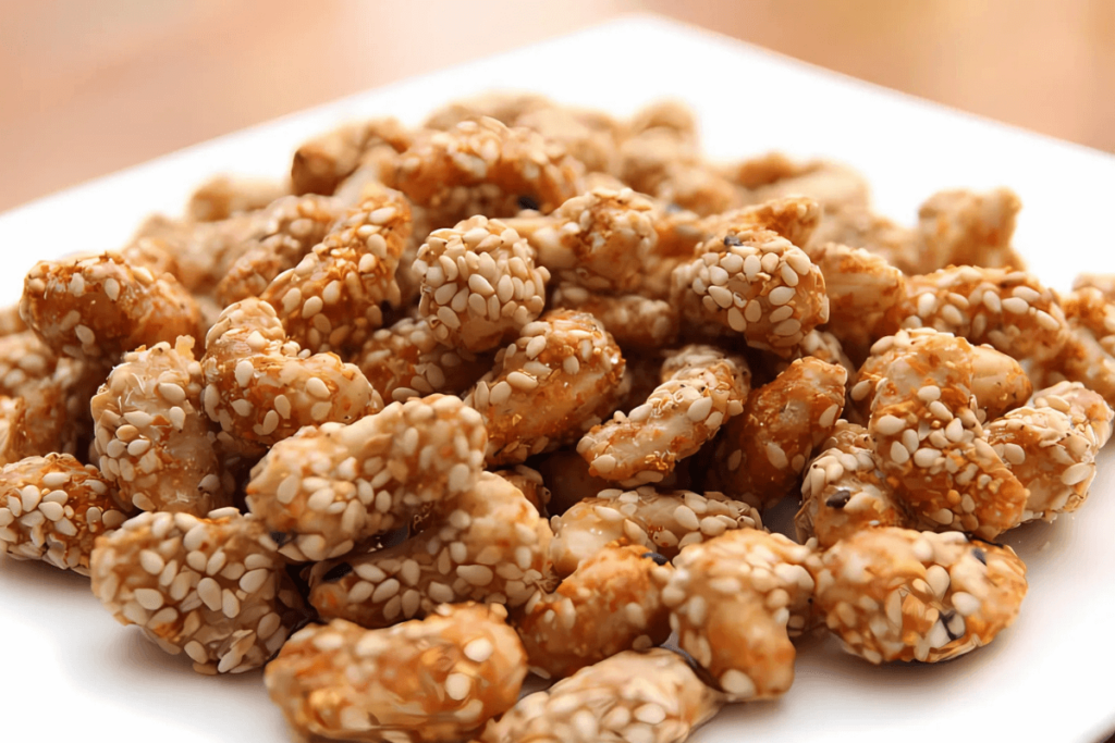 Castanhas de caju caramelizadas e cobertas com gergelim em um prato, uma deliciosa opção de doce para a gastronomia.