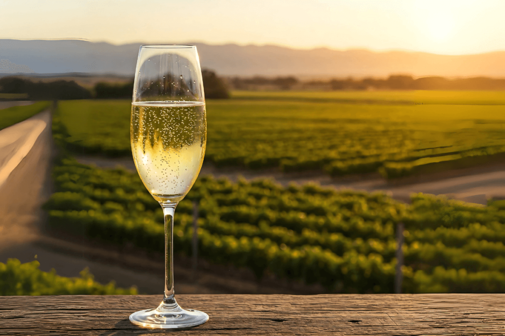 Close-up de uma taça de vinho branco espumante gelado, com bolhas visíveis, posicionada em primeiro plano com uma paisagem desfocada de vinhedos argentinos ensolarados e montanhas ao fundo, representando os Vinhos Brancos e Espumantes Argentinos.