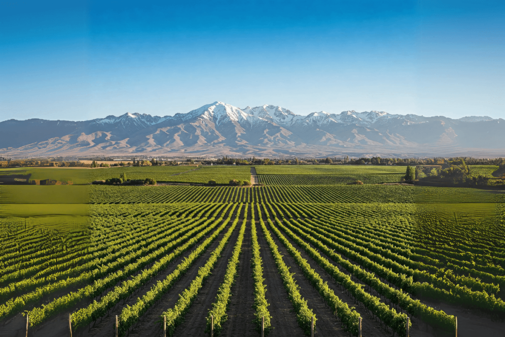 Paisagem dos vinhedos da uva branca Torrontés em Salta ou Cafayate, Argentina, mostrando as videiras sob o sol com as montanhas características da região ao fundo, ilustrando a origem dos Vinhos Brancos Argentinos.