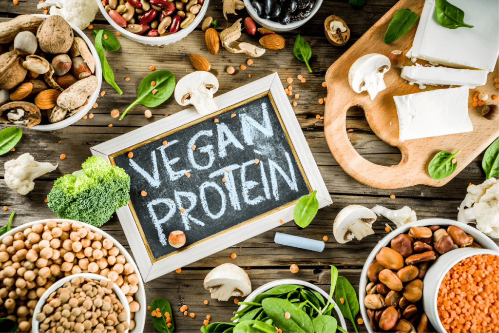 Uma variedade de fontes de proteína vegana, incluindo tofu, lentilhas, nozes e vegetais, dispostas em um prato.
