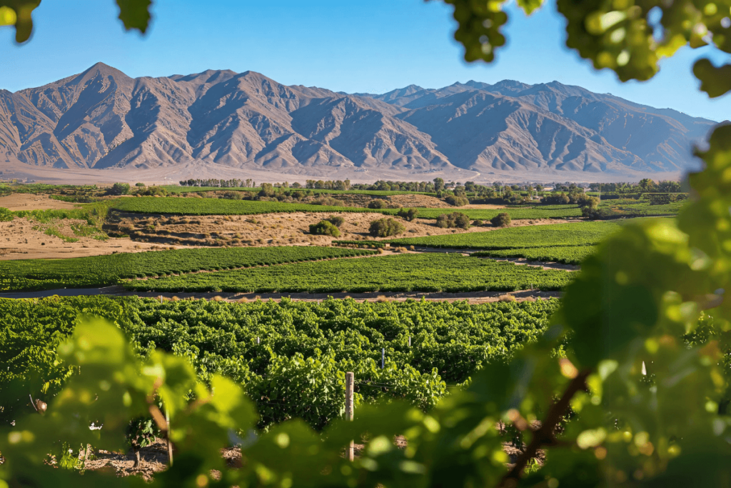Paisagem dos vinhedos da uva branca Torrontés em Salta ou Cafayate, Argentina, mostrando as videiras sob o sol com as montanhas características da região ao fundo, ilustrando a origem dos Vinhos Brancos Argentinos.