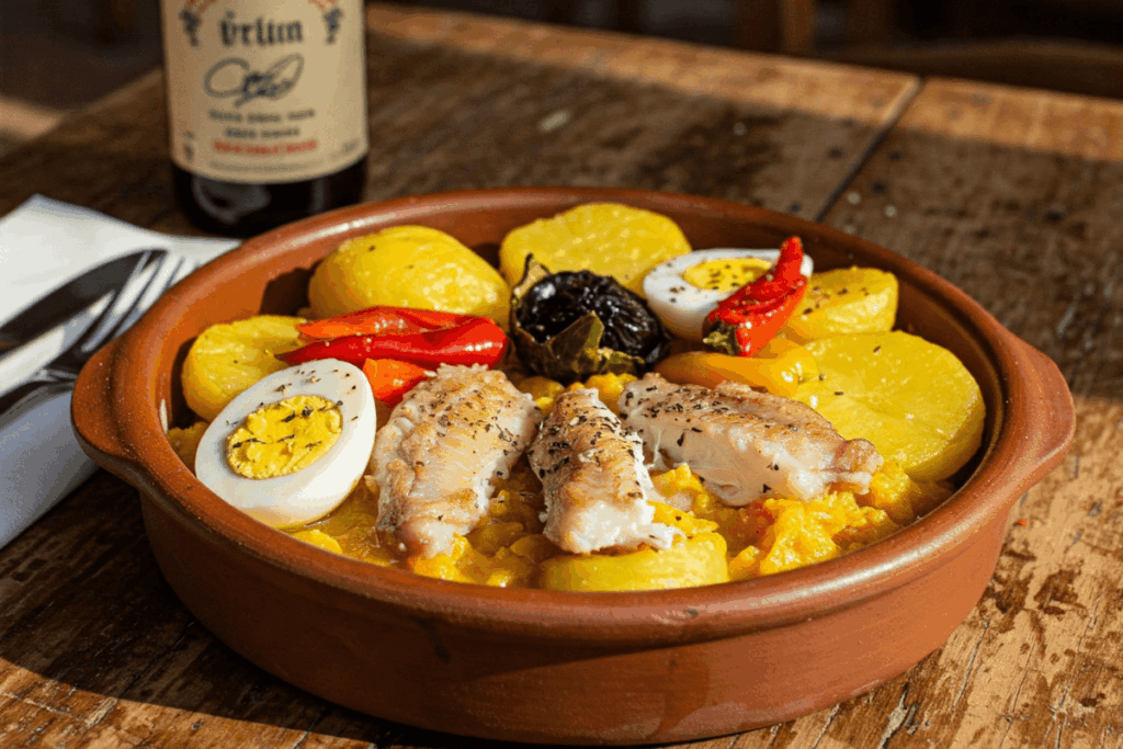 Travessa apetitosa de Bacalhoada, exemplo da herança culinária portuguesa no Brasil.