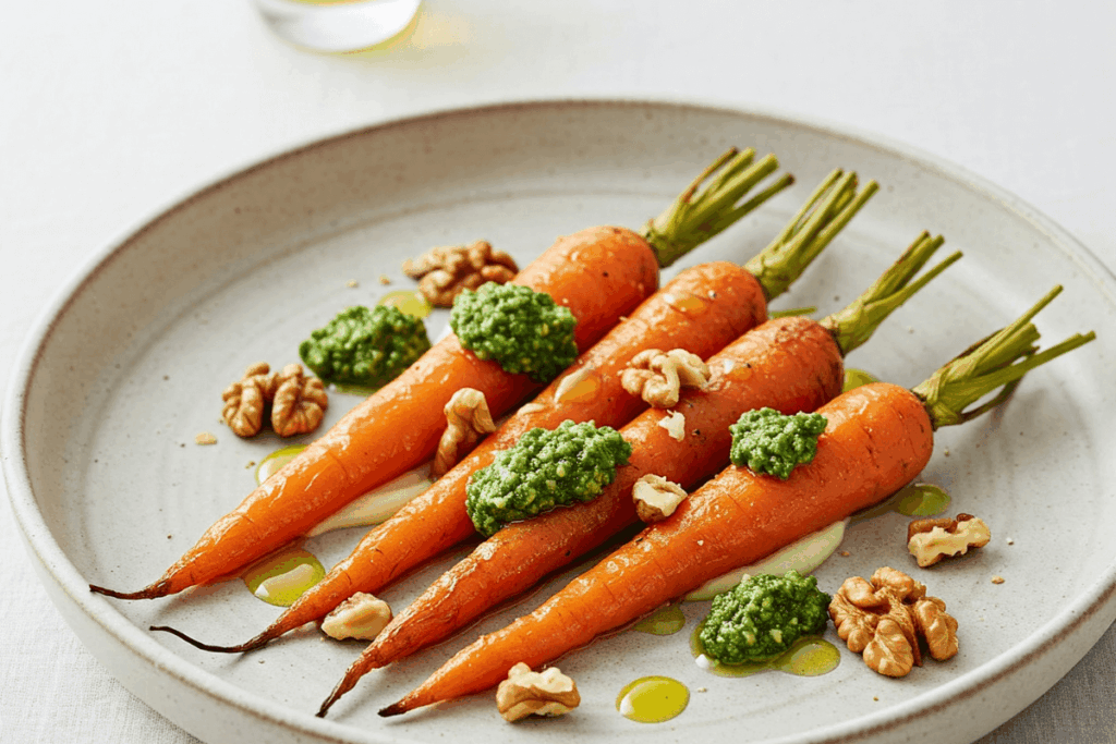 otografia gourmet de cenouras assadas elegantemente dispostas com pesto vibrante feito de ramas de cenoura, nozes tostadas e azeite, exemplificando a culinária sustentável 'do pé à folha'.