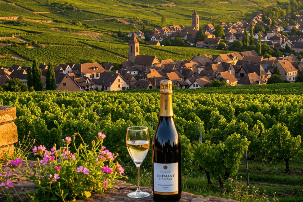 Garrafa e taça de Crémant d'Alsace em primeiro plano com vista deslumbrante de vinhedos e vilarejo alsaciano ao fundo, celebrando os tipos de uva da Alsácia.