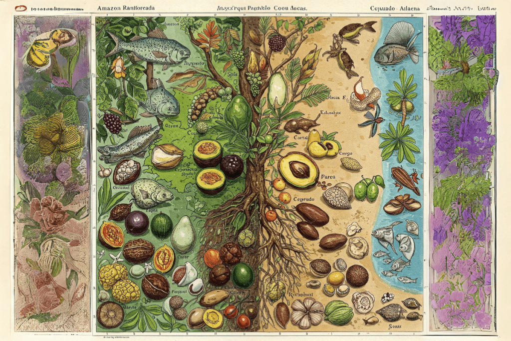 Ilustração detalhada mostrando ingredientes indígenas de diferentes biomas do Brasil, incluindo açaí, mandioca, pequi e elementos costeiros, representando a cultura e culinária indígena.