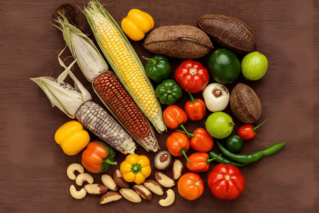 Vista superior de espigas de milho coloridas, pimentas nativas, caju, bacuri, guaraná e castanhas-do-pará, exibindo a rica biodiversidade e a cultura e culinária indígena do Brasil.