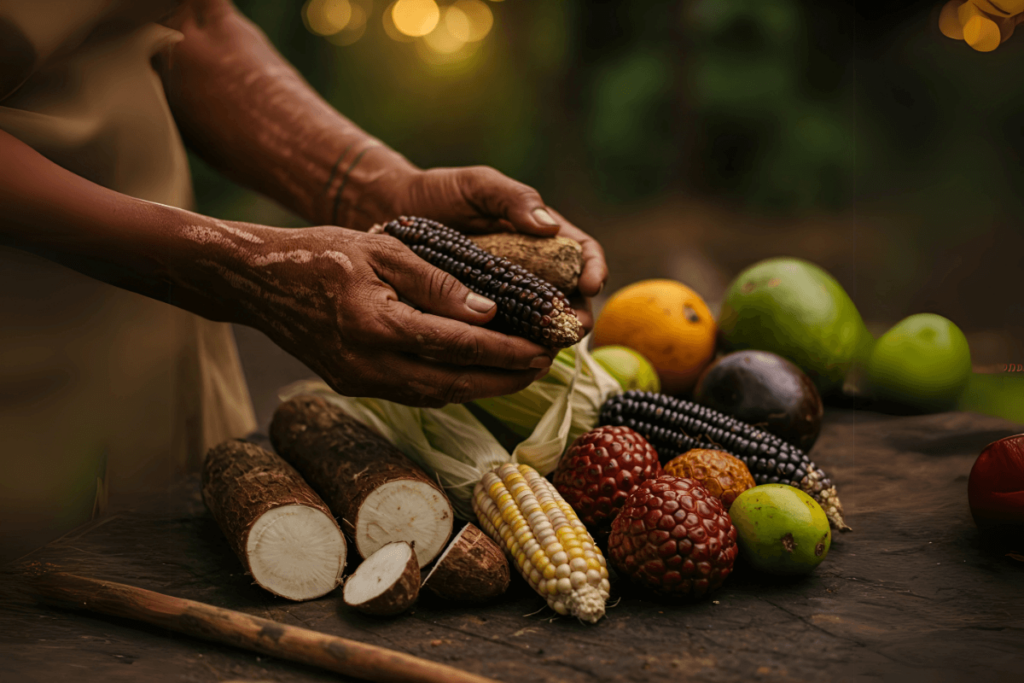 Mãos indígenas experientes segurando mandioca e milho colorido sobre madeira rústica, representando a cultura e culinária indígena ancestral do Brasil, com floresta tropical ao fundo.