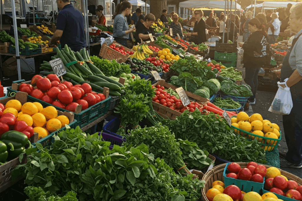 Feira livre colorida com variedade de frutas, vegetais e outros produtos frescos, representando tendências de alimentação sustentável e o futuro do consumo consciente.