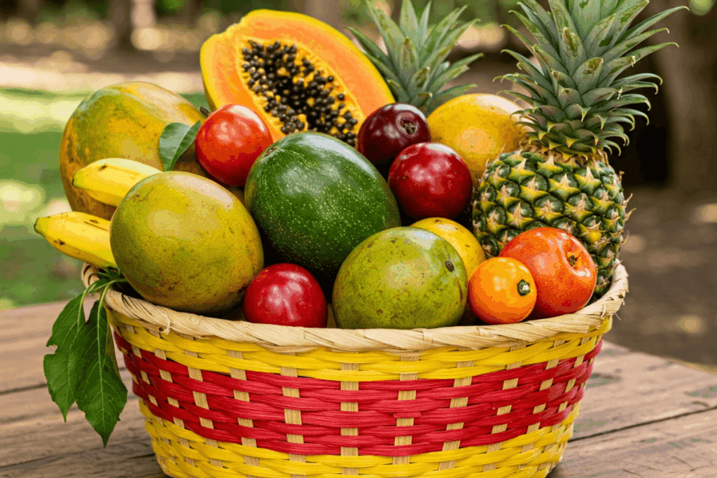 Variedade vibrante de frutas e vegetais frescos da estação no Ceará, dispostos artisticamente numa cesta, representando tendências de alimentação sustentável e consumo local.
