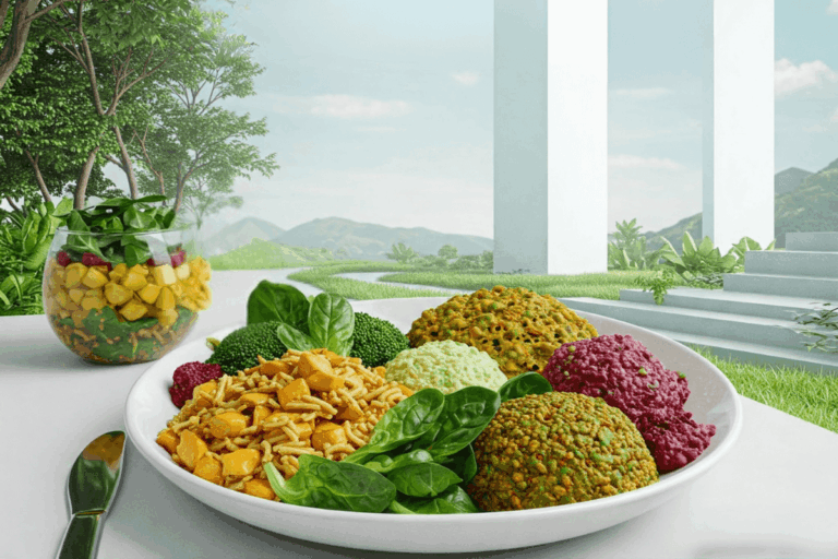 O futuro da alimentação sustentável: um prato vibrante com tendências veganas e ingredientes inovadores, representando um caminho promissor para o planeta.