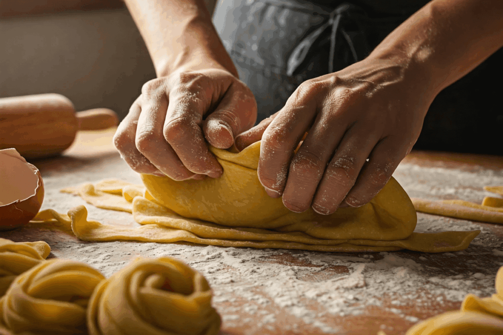 Close-up das mãos de uma senhora italiana amassando massa fresca (pici ou strangozzi) numa superfície de madeira com farinha e ovos, destacando a tradição da Gastronomia do Centro da Itália sob luz natural.