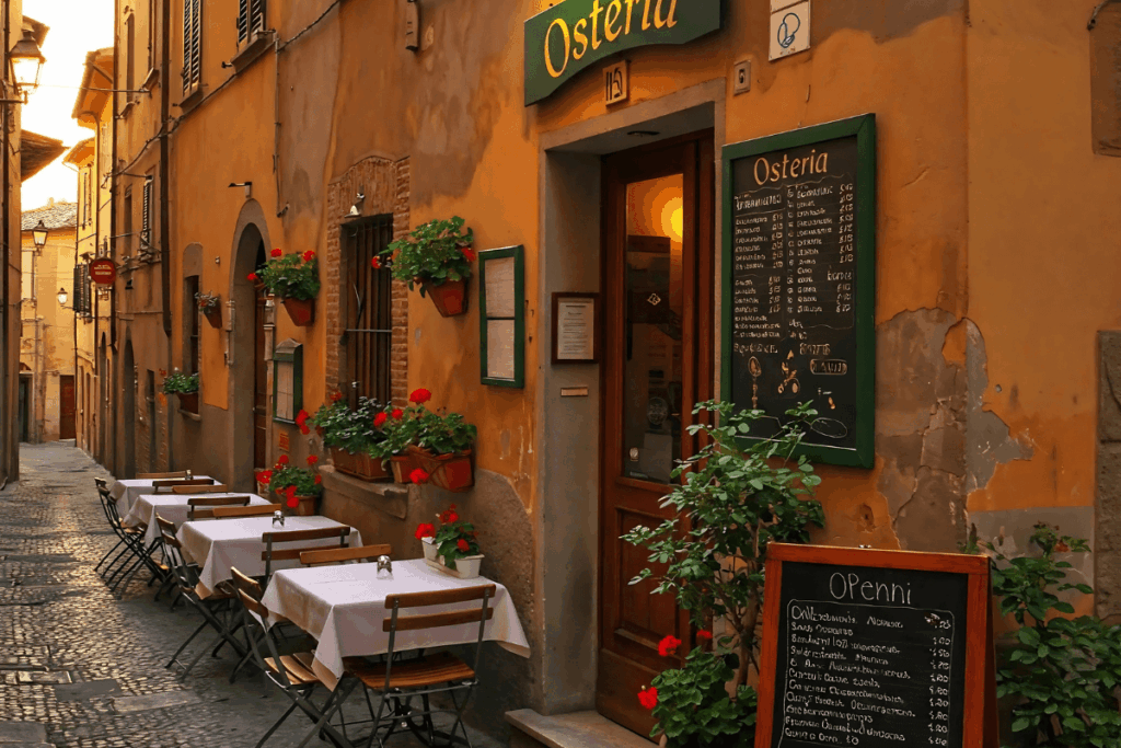 Fachada convidativa de uma pequena osteria italiana numa rua de pedra, com mesas externas, flores coloridas e um menu em quadro-negro, convidando a explorar a rica Gastronomia, sob a luz quente do entardecer.