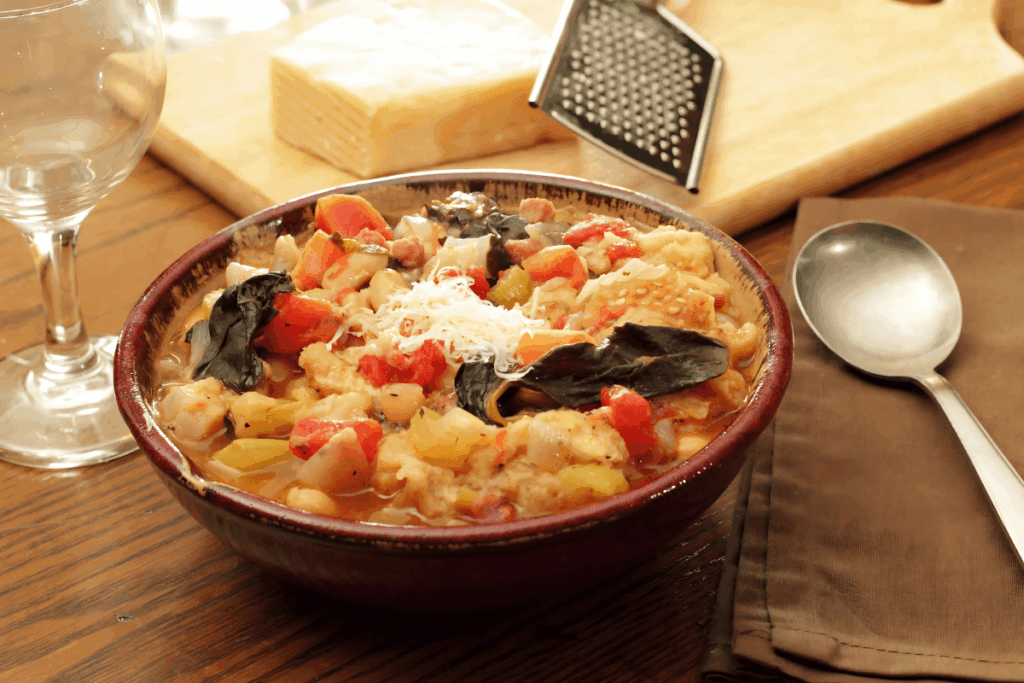 Close-up de uma tigela de Ribollita, uma sopa tradicional e nutritiva da Gastronomia do Centro da Itália, com vegetais, feijão e pão, finalizada com queijo ralado, em um ambiente acolhedor com uma colher e um copo ao lado.