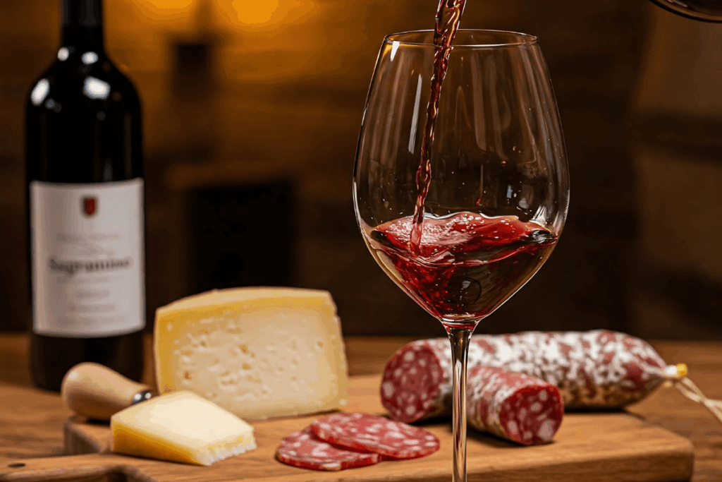 Close-up de uma taça sendo preenchida com vinho tinto (Brunello ou Sagrantino), com uma tábua de queijos e salumi italianos desfocada ao fundo, em um ambiente rústico de adega, representando a rica Gastronomia.