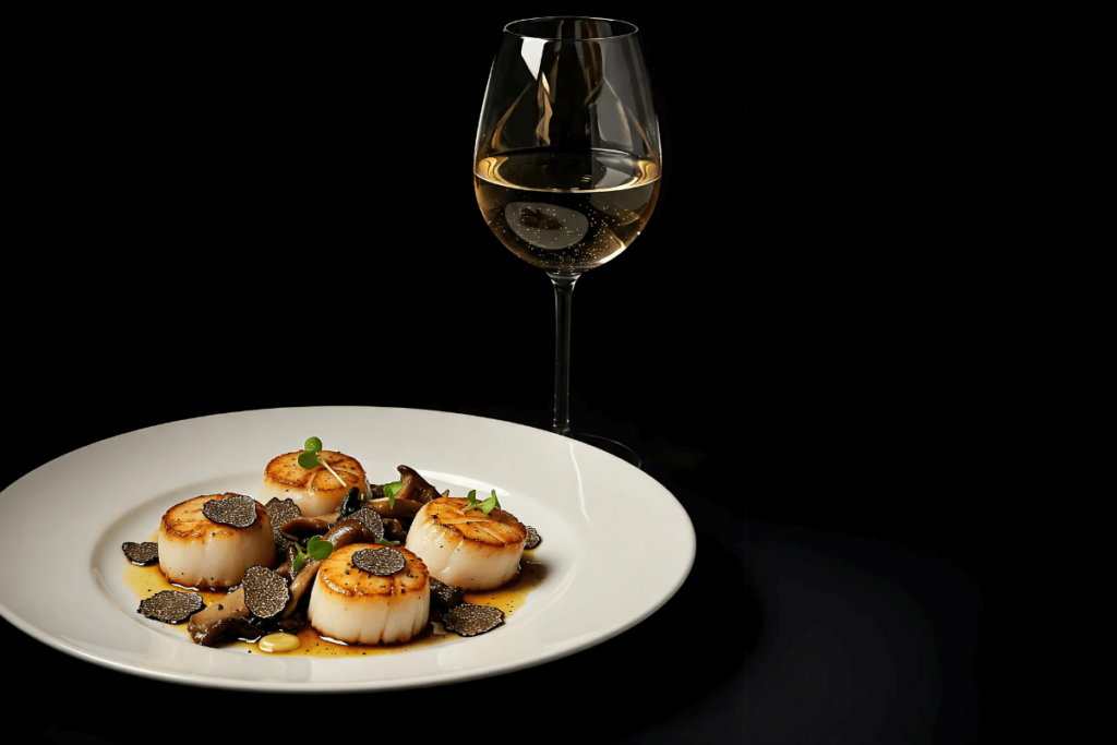 Prato elegante com peixe branco selado e cogumelos (ou trufas) ao lado de uma taça de vinho branco, demonstrando uma harmonização gastronômica.