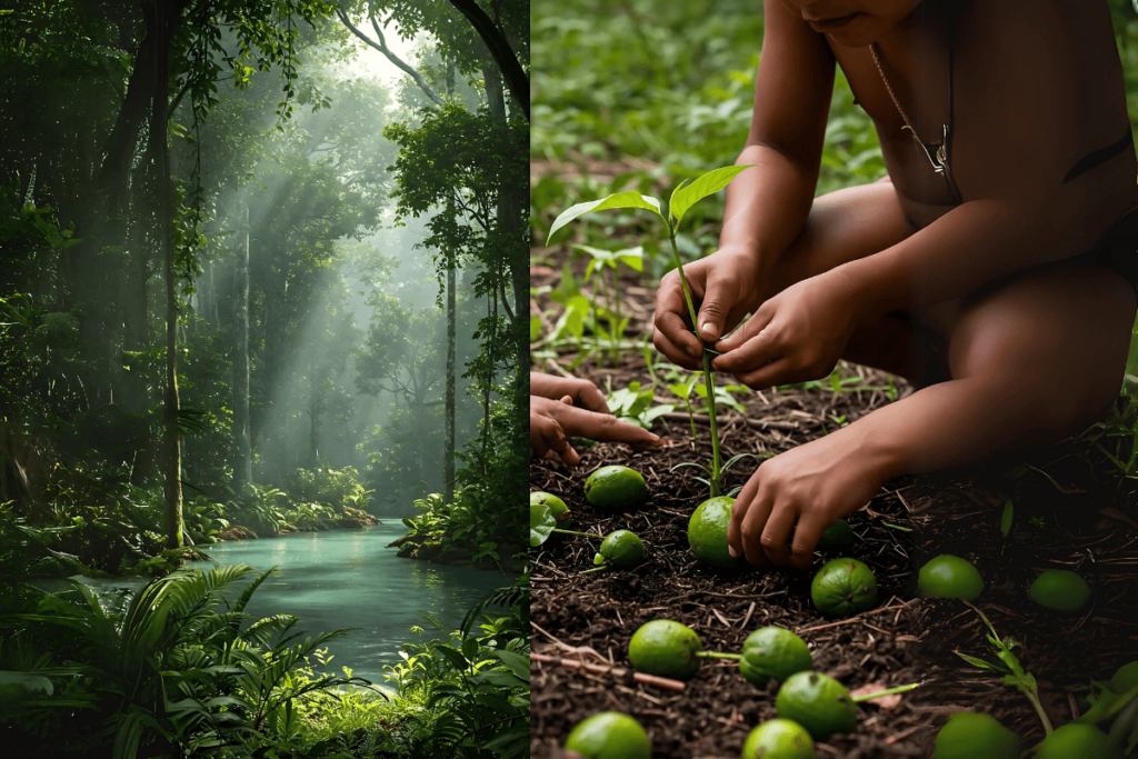 Imagem conceitual mostrando uma floresta tropical exuberante em transição para mãos indígenas cuidando de uma planta nativa, simbolizando a interdependência entre a natureza preservada.