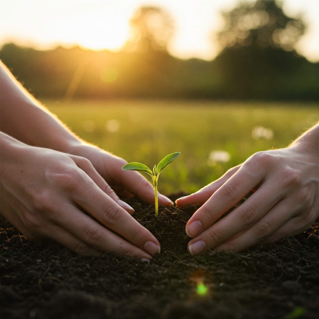 Close-up de mãos delicadas segurando cuidadosamente um pequeno broto de planta verde que nasce da terra escura, simbolizando como o veganismo e a sustentabilidade cuidam do planeta. Fundo natural desfocado, luz suave e inspiradora.