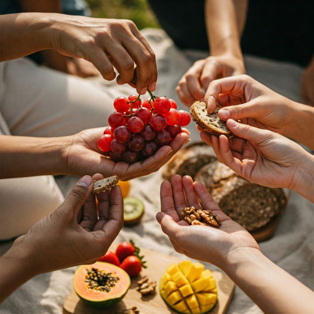 Foto simbólica com close-up em várias mãos (tons de pele diversos) juntas, oferecendo e compartilhando alimentos frescos de origem vegetal (frutas coloridas, pão artesanal). Cena com luz natural suave, transmitindo comunidade, cuidado compartilhado, positividade e a conexão humana através do veganismo sustentável.