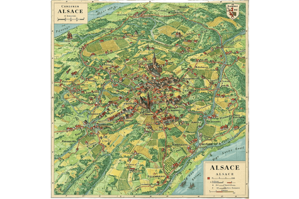 Mapa topográfico detalhado da Alsácia mostrando vilarejos, rios e relevo, ilustrando a geografia e o terroir da região dos tipos de uva da Alsácia.