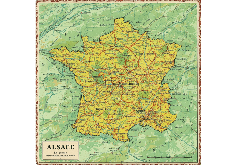 Mapa antigo mostrando a localização da Alsácia no nordeste da França, região de origem dos tipos de uva da Alsácia.