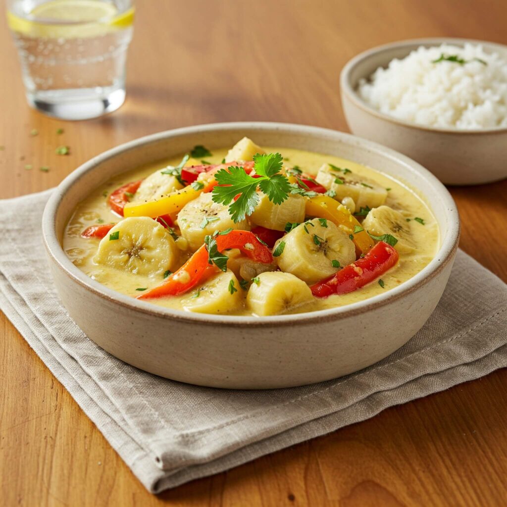 Foto de dar água na boca de um prato vegano vibrante (ex: curry de legumes ou salada completa) bem apresentado em louça rústica sobre uma mesa de madeira aconchegante com tecido de linho. Luz suave e convidativa destaca cores e texturas, no estilo La Mandolina, mostrando a beleza do veganismo sustentável.