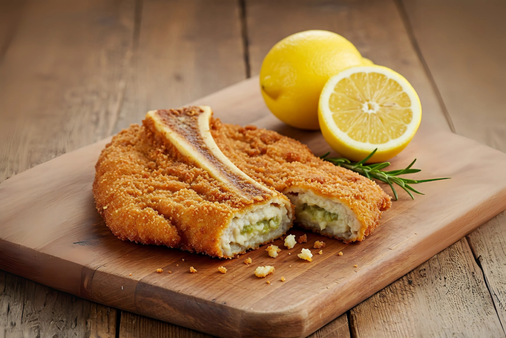 Close-up de uma cotoletta impanata dourada e crocante, um prato da culinária italiana.