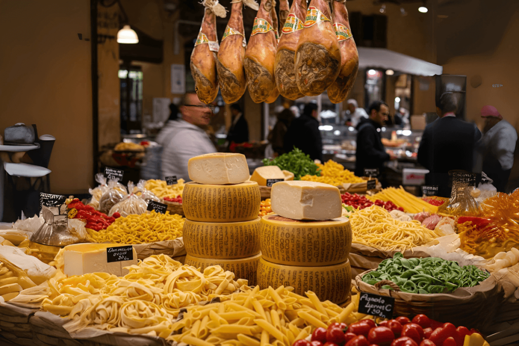 Cena de um mercado vibrante com massas frescas, queijo Parmigiano-Reggiano e Prosciutto di Parma, representando a rica gastronomia da região.