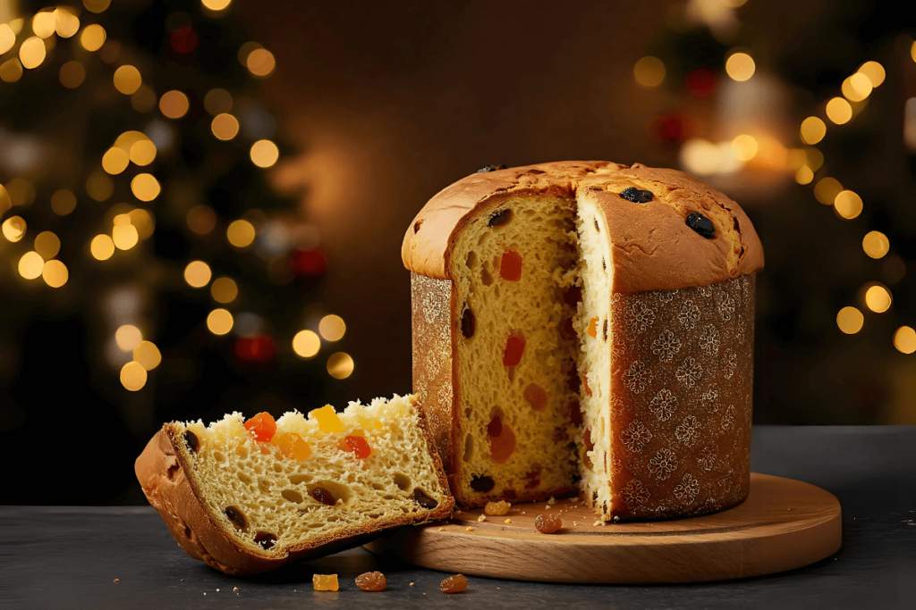 Panetone artesanal, um pão doce tradicional italiano, com frutas cristalizadas e passas, ideal para a época natalina.