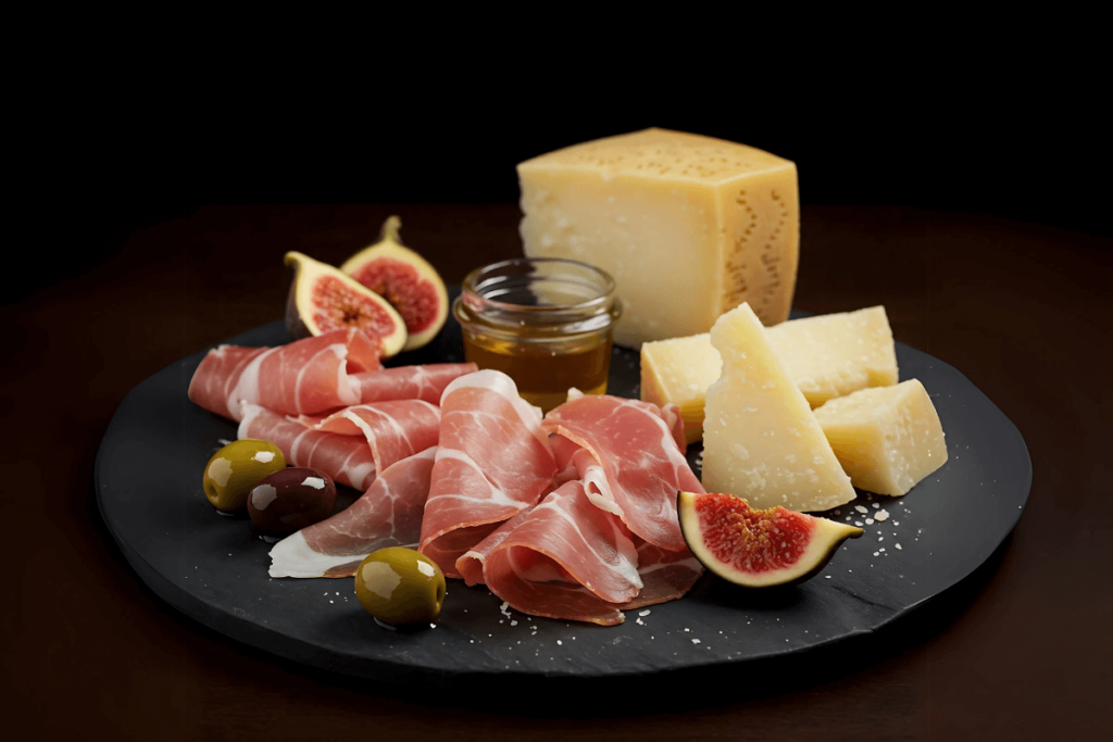 Roteiro Itália do Norte: Tábua de frios sofisticada com fatias de Prosciutto di Parma e lascas de queijo Parmigiano-Reggiano, representando a alta qualidade dos produtos gastronômicos do norte da Itália.
