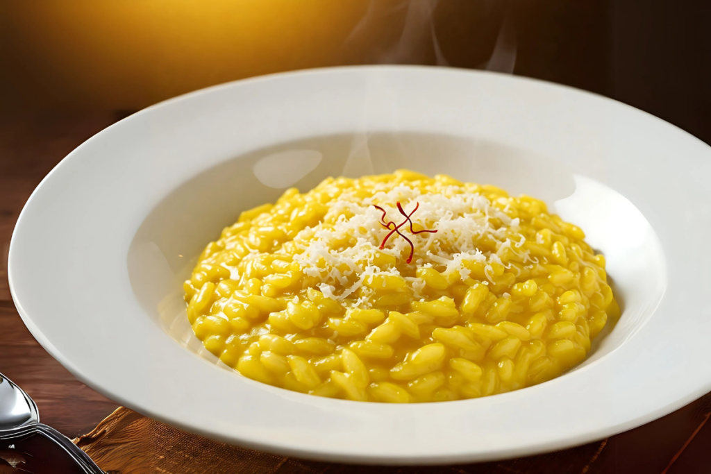 Close-up de um prato de Risotto alla Milanese cremoso e amarelo, finalizado com açafrão e queijo parmesão.