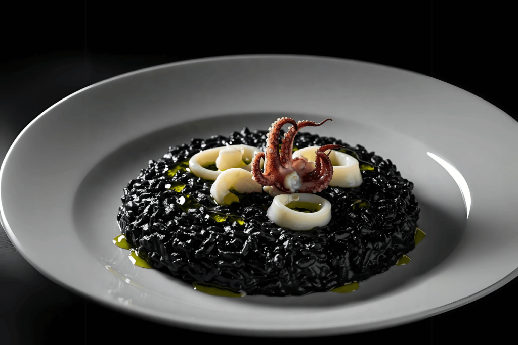 Roteiro Itália do Norte: Prato de Risotto al Nero di Seppia, um risoto preto cremoso com lula, representando a culinária sofisticada de Veneza.
