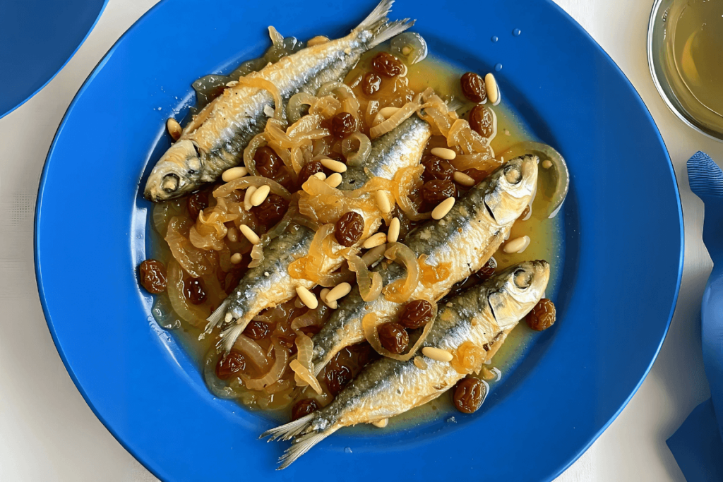 Roteiro Itália do Norte: Prato de Sarde in Saor, sardinhas fritas em molho agridoce com cebola, passas e pinhões, uma especialidade da culinária veneziana.
