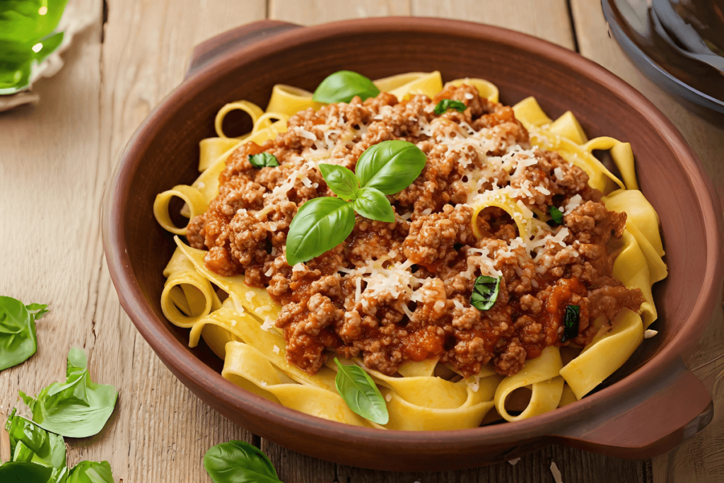 Prato de Tagliatelle al Ragù alla Bolognese, com molho de carne rico e massa fresca, representando a culinária tradicional do norte da Itália.