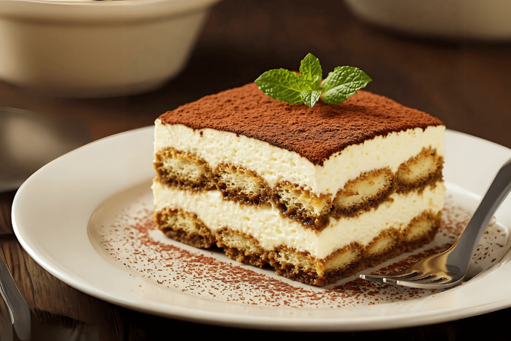Roteiro Itália do Norte: Fatia de Tiramisu clássico com camadas de biscoito embebido em café e creme de mascarpone, polvilhado com cacau, uma deliciosa sobremesa italiana.