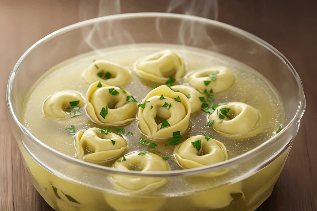 Roteiro Itália do Norte: Tigela de Tortellini in Brodo, um caldo de carne claro com massa recheada, um prato delicado da culinária do norte da Itália.